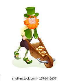 Funny Irish fantastic character, gnome leprechaun. Feast day of Saint Patrick. Leprechaun in traditional dress and headgear, carries gold in a wooden cart, in St. Patrick's Day cartoon vector