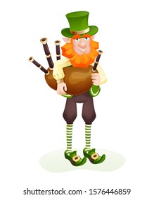 Funny Irish fantastic character, gnome leprechaun. Feast day of Saint Patrick. Leprechaun in traditional dress and headgear, smiling holding of bagpipe, in St. Patrick's Day cartoon vector