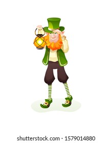 Funny Irish fantastic character, gnome leprechaun. Feast day of Saint Patrick. Leprechaun in traditional dress and headgear with a big lamp in Happy St. Patrick's day cartoon vector