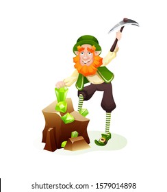Funny Irish fantastic character, gnome leprechaun. Feast day of Saint Patrick. Leprechaun with a pickaxe, looking for gold, dragging stones in Happy St. Patrick's day cartoon vector