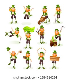 Funny Irish fantastic character, gnome leprechaun set. Feast day of Saint Patrick. Leprechaun laughs bouncing, looking for gold, drinking beer, holding of bagpipe, throws gold coins cartoon vector