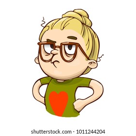 Funny ironic mean cartoon girl illustration. Vector colorful cute portrait.