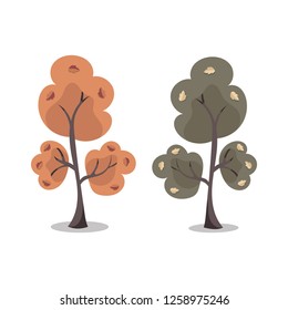 Funny isolated autumn and summer trees with leaves. White background. Flat cartoon style vector illustration.