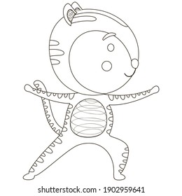 Funny isolated black and white single cute outline tiger in yoga asana warrior Virabhadrasana 2. For printing on baby products, coloring book, or page, digital stamp. Vector.