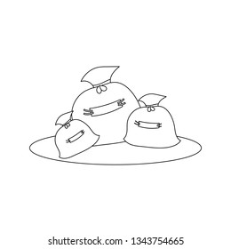 Funny isolated brown bags with stripes. White background. Black and white sketch, element for a colouring book. Cartoon style illustration. Vector.