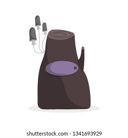 Funny isolated brown stump with violet door and mushrooms. White background. Cartoon style illustration. Vector.