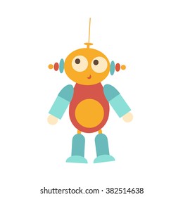 Funny isolated object with big eyes. UFO, alien. There is  antenna on the head. Big orange button on the belly. Good children's toy with own character