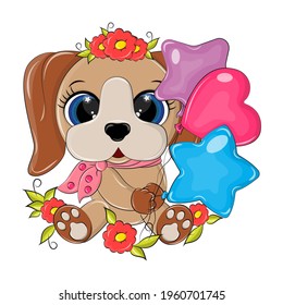 Funny isolated puppy with a cute smile and balloons in its paws. Vector illustration of a dog is made in a cartoon style, the character is sitting surrounded by flowers.