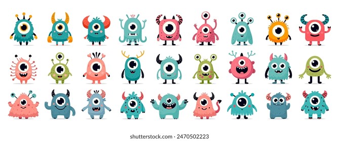 Funny isolated set of cartoon monsters with smiling faces and colorful designs for childrens storybooks, educational materials, friendly room decor, prints on kids clothing.