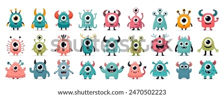 Funny isolated set of cartoon monsters with smiling faces and colorful designs for childrens storybooks, educational materials, friendly room decor, prints on kids clothing.