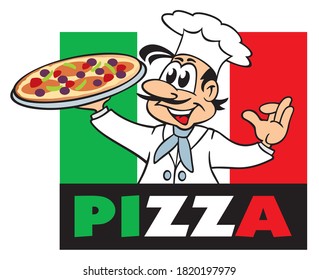 una graciosa cocinera de dibujos animados italiana presentando una deliciosa pizza cocida delante de una bandera de color italiano