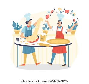 Funny italian chef cooks cooking pizza, flat vector illustration isolated on white background. Pizza makers male characters doing dough and cutting ingredients.