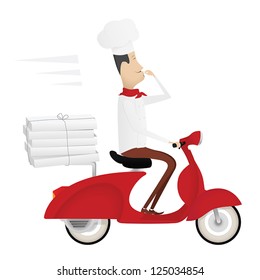 Funny italian chef delivering pizza on red moped