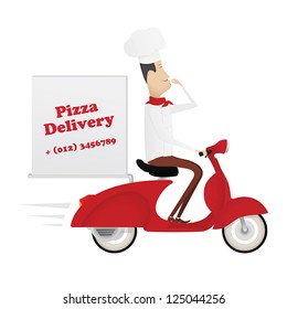 Funny italian chef delivering pizza on red moped