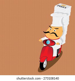 Funny italian chef delivering pizza on moped. pizza delivery boy on scooter