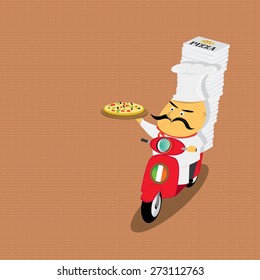 Funny italian chef delivering pizza on moped. pizza delivery boy on scooter
