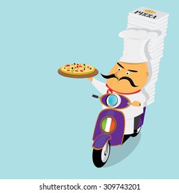 Funny italian chef delivering pizza on moped. pizza delivery boy on scooter