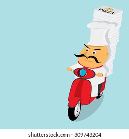 Funny italian chef delivering pizza on moped. pizza delivery boy on scooter