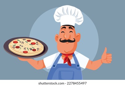 
Funny Italian Chef Holding a Traditional Pizza Vector Cartoon. Cheerful cook holding a Mediterranean dish
