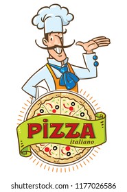 Funny italian chef with pizza. Emblem design