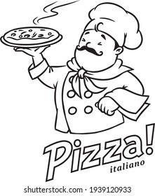 Funny italian chef with pizza. Emblem design