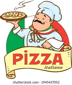 Funny italian chef with pizza. Emblem design