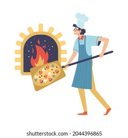 Funny italian cook putting pizza on wooden shovel into stove, flat vector illustration isolated on white background. Cute pizza maker or kitchener preparing pizza.