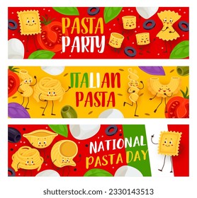 Divertidos personajes de pasta italiana. Pancartas vectoriales con ditalini, ravioli, farfalle y cavatappi. Creste, fusilli, conchiglie o spaghetti con lumaconi giganti food personajes celebran la fiesta nacional