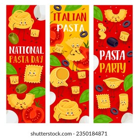 Funny italian pasta characters. Vector vertical banners with ditalini, ravioli, farfalle and cavatappi. Creste, conchiglie or spaghetti with lumaconi giganti food personages celebrate national holiday