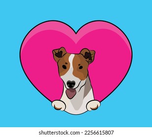 Funny Jack Russell dog hanging with paws in a big Valentine's day heart. Love heart with pet head and heart and footprint. Dog face Holding Pink Heart Cartoon Icon. St Valentine's day for dog funs.