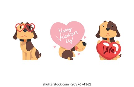 Funny Jack Russell Terrier Dog with Red Valentine Heart Vector Set