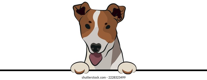 Funny Jack Russell terrier dog with paws over a white wall, in a pocket vector illustration. Funny dog smiling. Cute dog head on a white background. Hand-drawn mascot. Smiling dog muzzle. BFF.