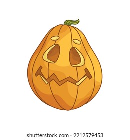 Funny jack-o-lantern pumpkin. Halloween smiling character for design of greeting cards, banners, posters and stickers. Traditional decor for an autumn holiday. Cute cartoon flat illustration.