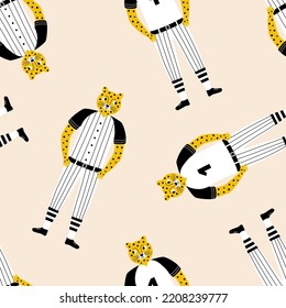 Funny jaguar cat in polo T-shirt and trousers hand drawn vector illustration. Cute animal character in clothes seamless pattern for kids fabric or wallpaper.