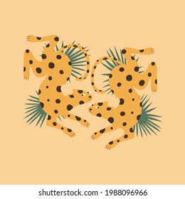 Funny jaguars and palm leaves. Tattoo sketch. Wild animals vector illustration. 