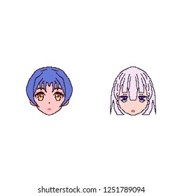 Funny Japanese anime smiles. Pixel girls. Art. Set for the game. Manga for chat.
