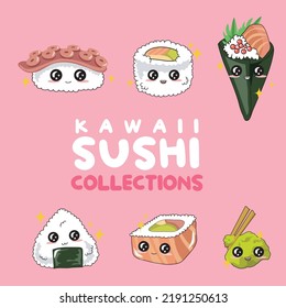 Funny Japanese food. Asian cuisine. Kawaii cute sushi collections with smiling face and pink cheeks. Cartoon emoji for textile, web, print. Vector illustration.