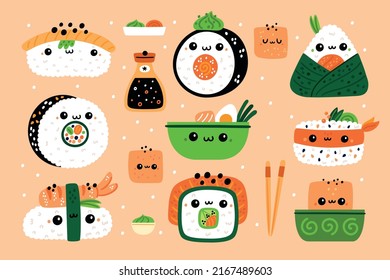 Funny Japanese food. Cute sushi characters. Kawaii rolls and salads. Asian cuisine. Tofu and soy sauce. Seaweed with rice. Salmon filling. Sashimi with happy faces