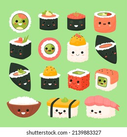 Funny japanese food. Rolls and sushi cartoon characters, kawaii comic ingredients, asian cuisine emoji, rice, salmon in seaweed, mascot with happy emotions, vector isolated set