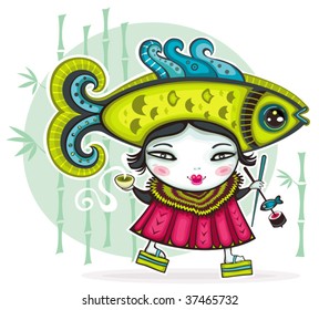 Funny Japanese girl wearing funny Fish hat holding cup of green tea and chopsticks with sushi