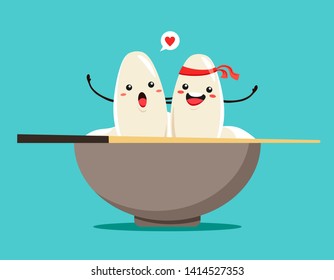 Funny Japanese rice in a cup with Japanese chopsticks in a cartoon style. Japanese traditional cuisine. Vector illustration