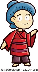 Funny japanese woman wearing red kimono cartoon illustration