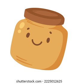 Funny jar of honey with smiling face illustration. Cute jar characters. Meal, morning routine concept