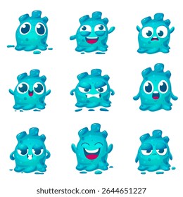 Divertida geleia alienígena. Monstro viscoso com emoções diferentes. Personagem isolado de gibi de lodo, mascote infantil. Criatura líquida incomum, desenho animado hoje em dia conjunto de vetor