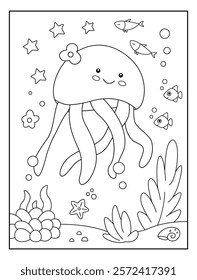 funny jelly fish with sea view background coloring page for kids. Funny animal outline vector illustration.