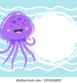 Funny jellyfish character on a wavy background. Vector illustration, banner design with space for text. 