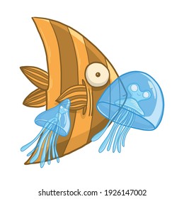Funny jellyfish and fish. A scene from underwater life. Vector illustration for design or textile print