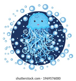 Funny jellyfish hand drawn among water bubbles. Cute marine life, Scandinavian style, detailed.