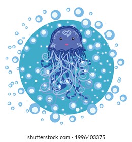 Funny jellyfish hand drawn among water bubbles. Cute marine life, Scandinavian style, detailed.