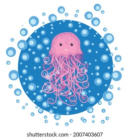 Funny jellyfish hand drawn among water bubbles. Cute marine life, Scandinavian style, detailed.